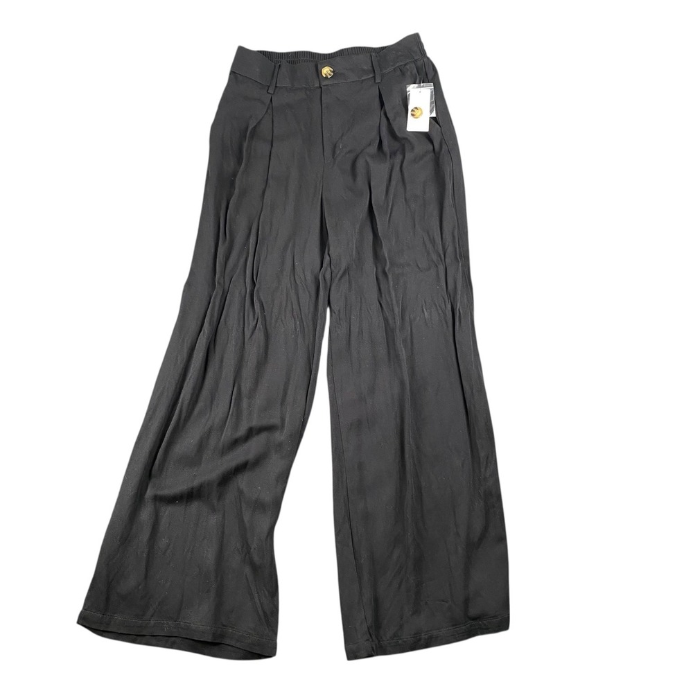 And Now This Black Wide Leg Pants Womens Pleated Elastic Waist Flowy M 0082